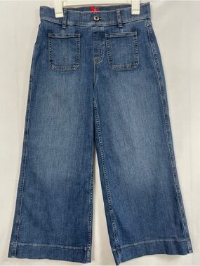 SPANX Cropped Wide Leg Jeans M Blue Shapewear Patch Ankle Flattering Stretch